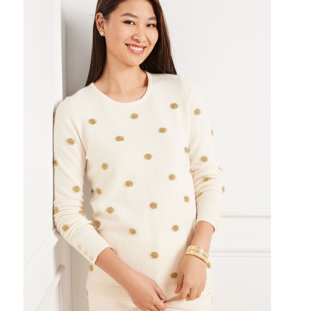 Talbots Tinsel Polka Dot Ivory Gold Metallic Wool Blend Sweater Medium